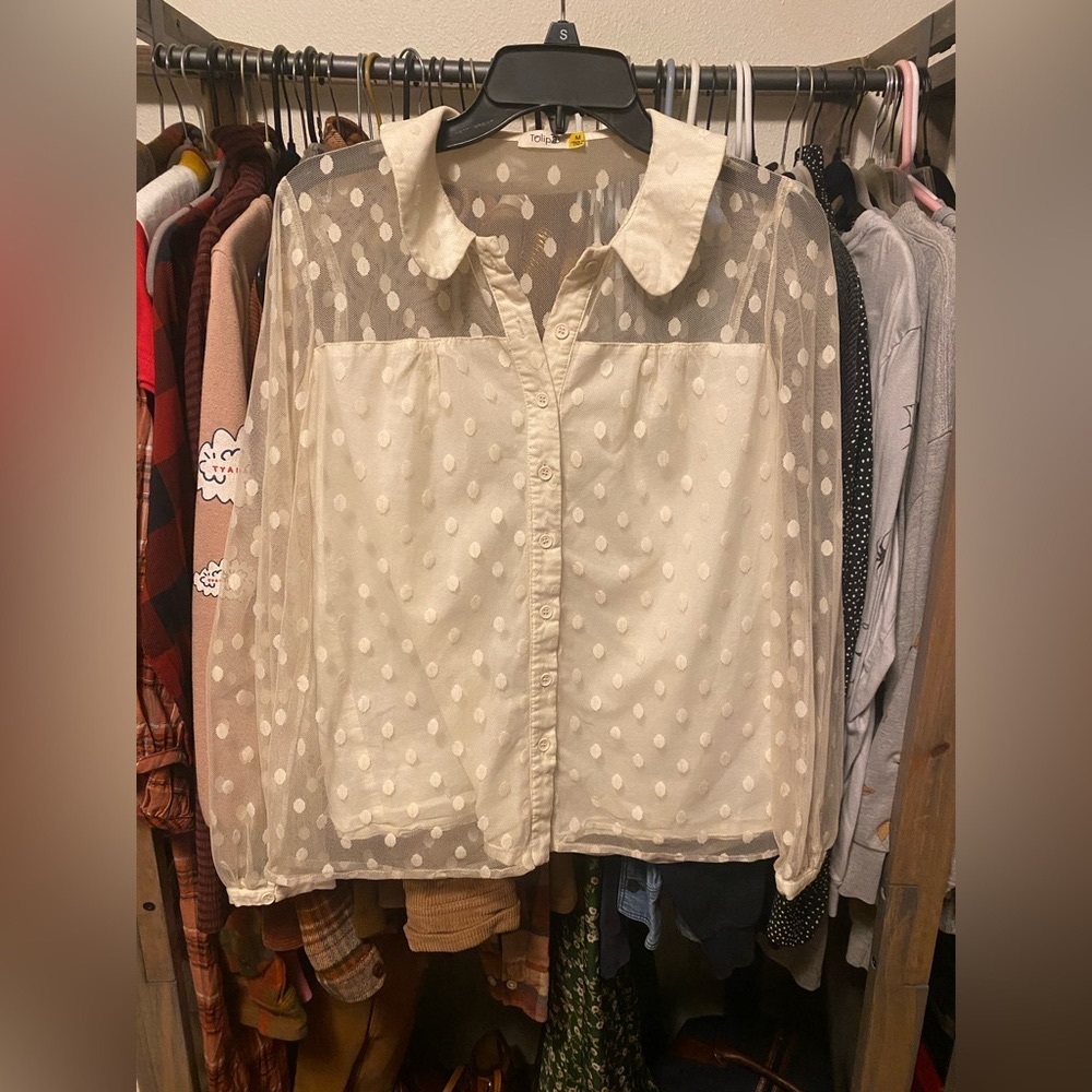 Sheer Retro Polkadot Cream Button Down